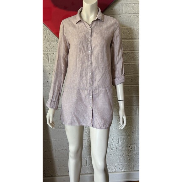 Tahari 100% Linen Women Sm Beige Shirt Tunic Small L/S Roll tab Button Down - Picture 1 of 11